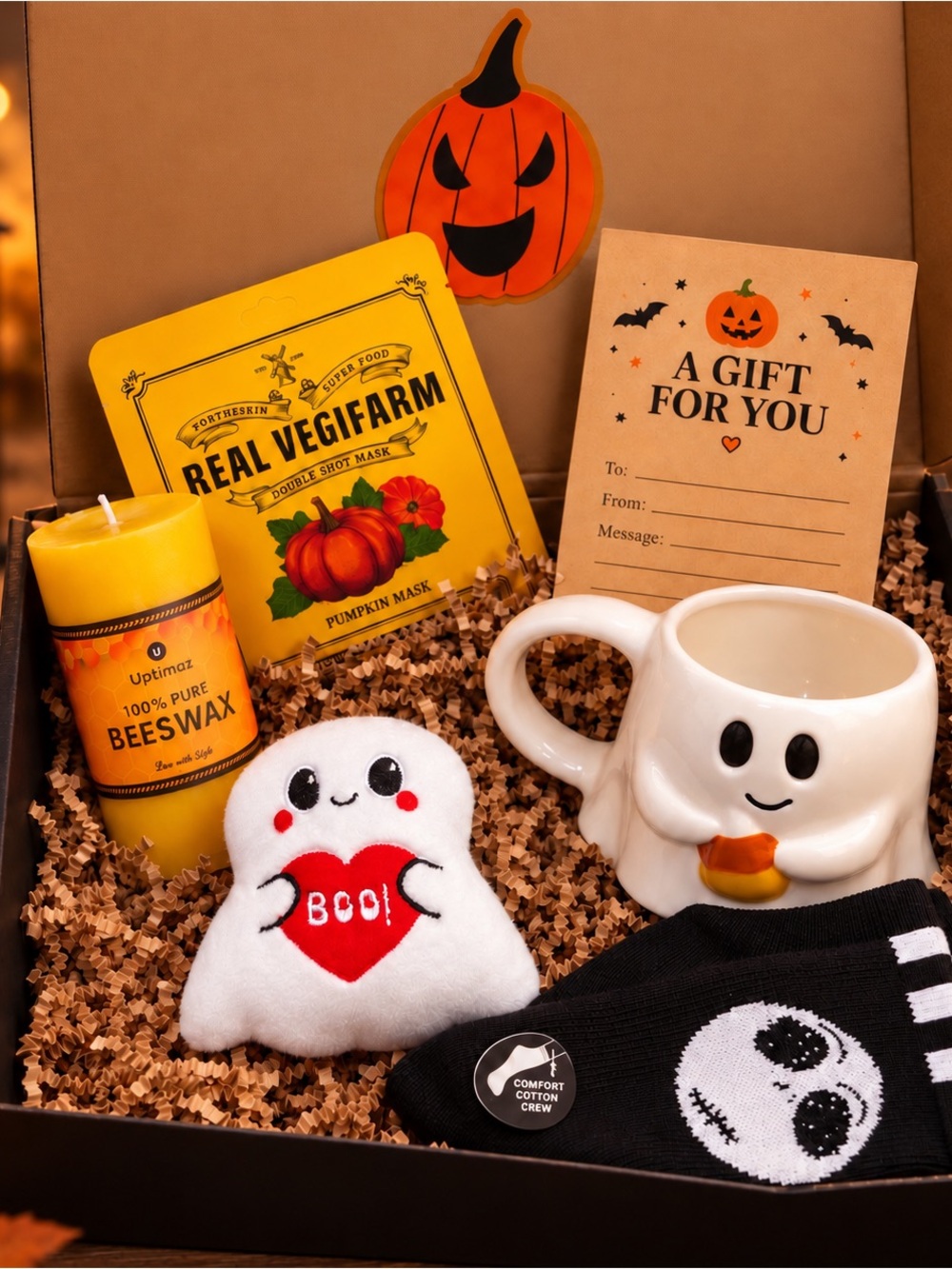 Halloween Gift Box 🎃 Ghost Mug, Beeswax Candle, Socks + Personalized Card